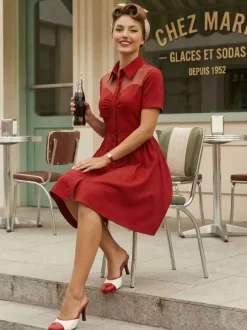 Robe pin-up rockabilly à encolure c艙ur et patchwork en résille simple boutonnage pour femme 2026