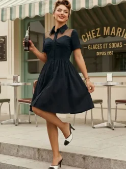 Robe pin-up rockabilly à encolure c艙ur et patchwork en résille simple boutonnage pour femme 2026