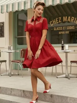 Robe pin-up rockabilly à encolure c艙ur et patchwork en résille simple boutonnage pour femme 2026