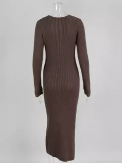 Robe pull maxi moulante à manches longues col en V et coupe ajustée en maille côtelée pour femme 2026