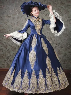 Robe Rococo Victorienne Dentelle Manches Longues Robe Classique Bleue