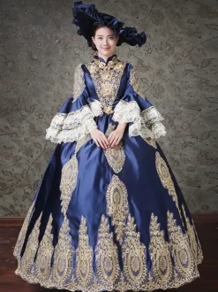Robe Rococo Victorienne Dentelle Manches Longues Robe Classique Bleue