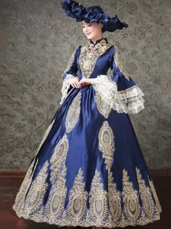 Robe Rococo Victorienne Dentelle Manches Longues Robe Classique Bleue