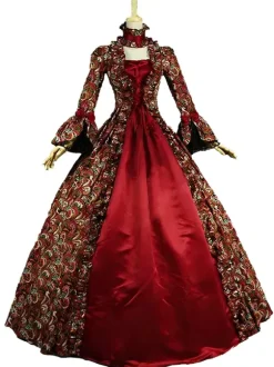 Robe Royal Costume Robe Rococo Baroque Opéra Dentelle Volant Robe de Soirée Vintage Déguisements Halloween Bourgogne