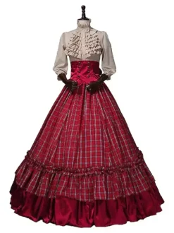 Robe rétro édouardienne bordeaux à volants costumes ensembles chemise et jupe Bourgogne