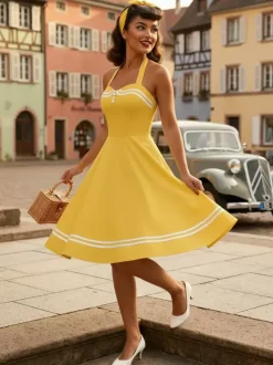Robe rétro glamour années 50 à carreaux aquatiques dos nu boutons sans manches décolleté c艙ur taille M style rockabilly