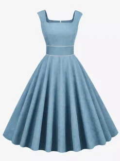 Robe rétro glamour style années 50 passepoil bleu ciel sans manches col carré taille M style rockabilly