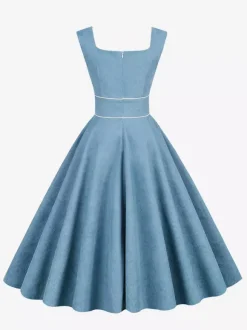 Robe rétro glamour style années 50 passepoil bleu ciel sans manches col carré taille M style rockabilly