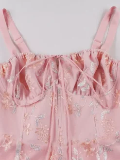 Robe rétro rose brodée coupe trapèze style années 50 robe midi évasée pour femme 2026