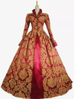 Robe Rétro Royal médiévale Rococo Marie Antoinette Costume Vintage Opéra avec dentelle Déguisements Halloween Bourgogne