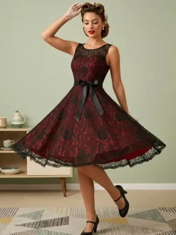 Robe rétro verte style années 50 bicolore ceinture sans manches col en V taille moyenne style rockabilly