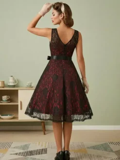 Robe rétro verte style années 50 bicolore ceinture sans manches col en V taille moyenne style rockabilly