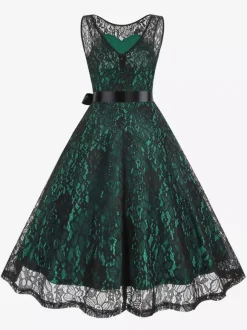 Robe rétro verte style années 50 bicolore ceinture sans manches col en V taille moyenne style rockabilly