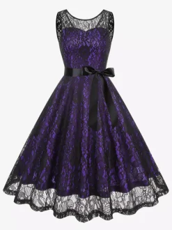 Robe rétro verte style années 50 bicolore ceinture sans manches col en V taille moyenne style rockabilly