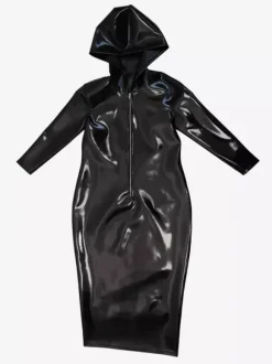 Robe sexy en latex avec fermeture éclair élastique uniforme body moulant à manches longues et capuche tenue de soirée midi sexy