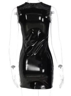 Robe Sexy Moulante en Cuir Synthétique Verni avec Bretelles à Col Décolleté en V Coupe Cintrée Unicolore