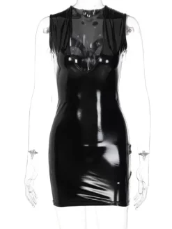 Robe Sexy Moulante en Cuir Synthétique Verni avec Bretelles à Col Décolleté en V Coupe Cintrée Unicolore