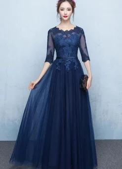 Robe soirée 2026 bleu en dentelle robe de bal demi-manche longueur au sol robe d'invité de mariage