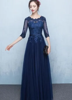 Robe soirée 2026 bleu en dentelle robe de bal demi-manche longueur au sol robe d'invité de mariage