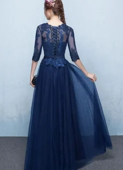 Robe soirée 2026 bleu en dentelle robe de bal demi-manche longueur au sol robe d'invité de mariage