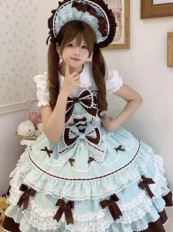 Robe Sweet Lolita bleu clair JSK à n艙uds robe courte Lolita