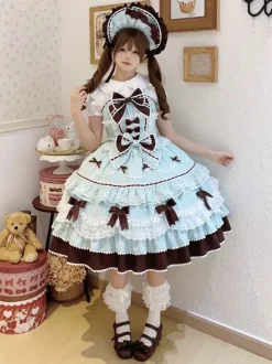 Robe Sweet Lolita bleu clair JSK à n艙uds robe courte Lolita