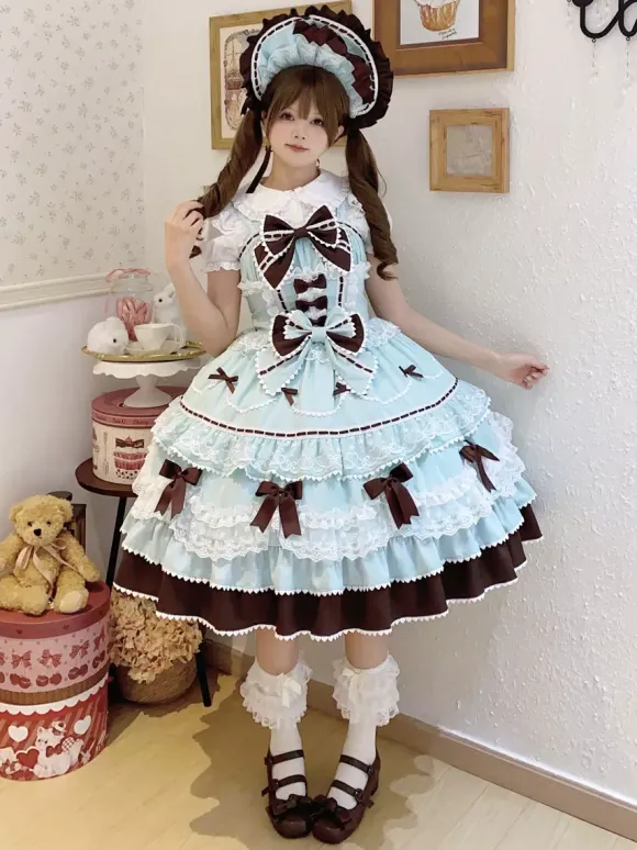 Robe Sweet Lolita bleu clair JSK à n艙uds robe courte Lolita