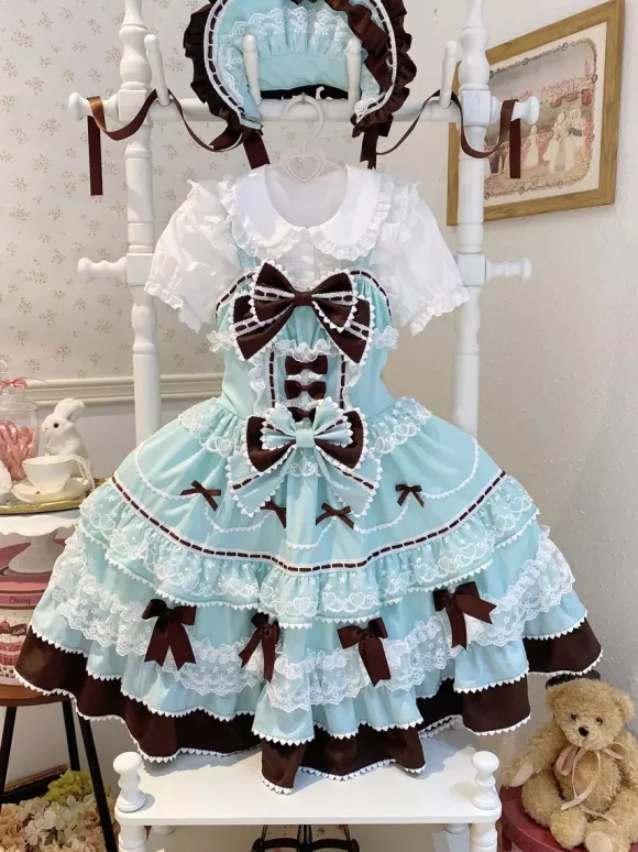 Robe Sweet Lolita bleu clair JSK à n艙uds robe courte Lolita