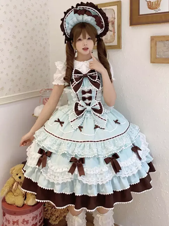 Robe Sweet Lolita bleu clair JSK à n艙uds robe courte Lolita