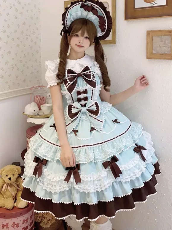 Robe Sweet Lolita bleu clair JSK à n艙uds robe courte Lolita