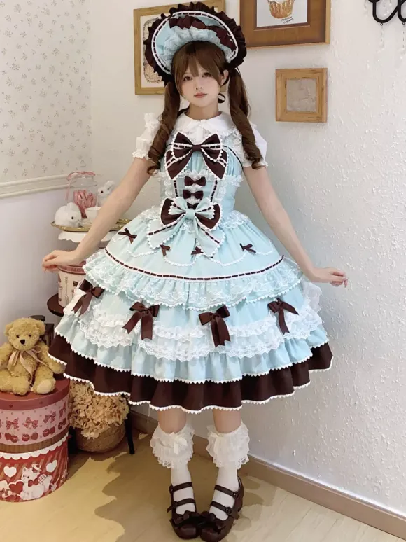 Robe Sweet Lolita bleu clair JSK à n艙uds robe courte Lolita