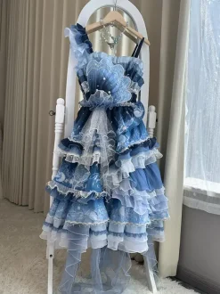 Robe Sweet Lolita bleu foncé sans manches style Tea Party imprimé floral jupe en organza avec détails en dentelle mode Kawaii