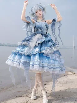 Robe Sweet Lolita bleu foncé sans manches style Tea Party imprimé floral jupe en organza avec détails en dentelle mode Kawaii