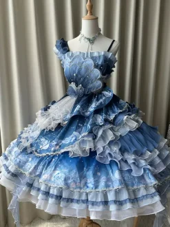 Robe Sweet Lolita bleu foncé sans manches style Tea Party imprimé floral jupe en organza avec détails en dentelle mode Kawaii