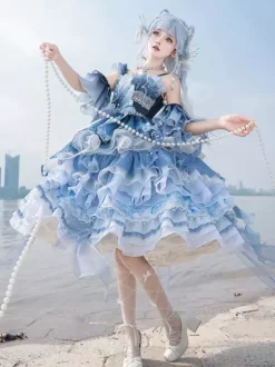 Robe Sweet Lolita bleu foncé sans manches style Tea Party imprimé floral jupe en organza avec détails en dentelle mode Kawaii