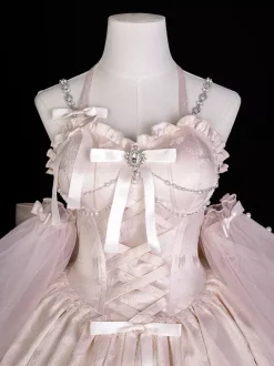 Robe Sweet Lolita en jacquard avec n艙uds jupe-salopette rose à manches amovibles silhouette fleurie et traîne.