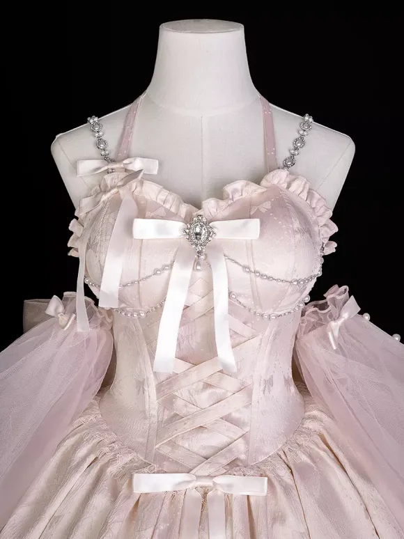 Robe Sweet Lolita en jacquard avec n艙uds jupe-salopette rose à manches amovibles silhouette fleurie et traîne.