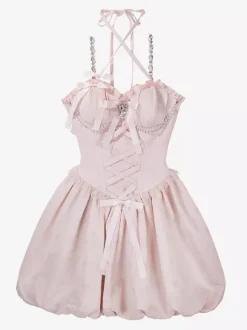 Robe Sweet Lolita en jacquard avec n艙uds jupe-salopette rose à manches amovibles silhouette fleurie et traîne.