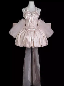 Robe Sweet Lolita en jacquard avec n艙uds jupe-salopette rose à manches amovibles silhouette fleurie et traîne.