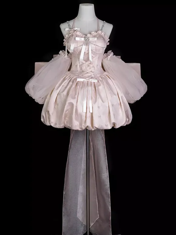 Robe Sweet Lolita en jacquard avec n艙uds jupe-salopette rose à manches amovibles silhouette fleurie et traîne.