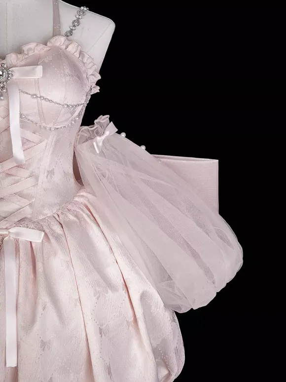 Robe Sweet Lolita en jacquard avec n艙uds jupe-salopette rose à manches amovibles silhouette fleurie et traîne.