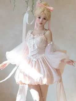 Robe Sweet Lolita en jacquard avec n艙uds jupe-salopette rose à manches amovibles silhouette fleurie et traîne.