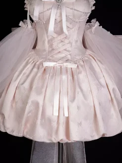 Robe Sweet Lolita en jacquard avec n艙uds jupe-salopette rose à manches amovibles silhouette fleurie et traîne.