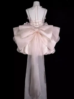 Robe Sweet Lolita en jacquard avec n艙uds jupe-salopette rose à manches amovibles silhouette fleurie et traîne.