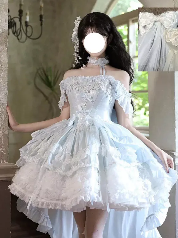 Robe Sweet Lolita en polyester sans manches à lacets et volants multiples couleur champagne.