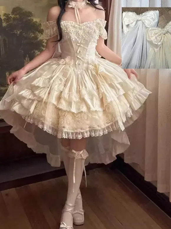 Robe Sweet Lolita en polyester sans manches à lacets et volants multiples couleur champagne.