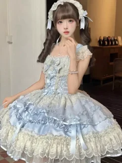 Robe Sweet Lolita en polyester sans manches avec n艙uds et jupe pull rose