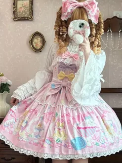 Robe Sweet Lolita sans manches à n艙uds pull robe jaune féerique