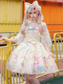 Robe Sweet Lolita sans manches à n艙uds pull robe jaune féerique