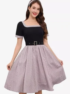 Robe swing vintage années 1950 robe à pois contrastés col carré robe de thé